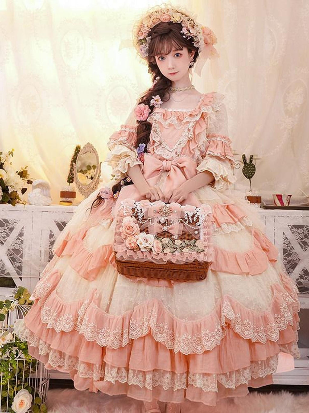Cat little fairy Apricot Pink Floral Lolita Square Neck Puff Sleeve Women's Short Sleeve Op