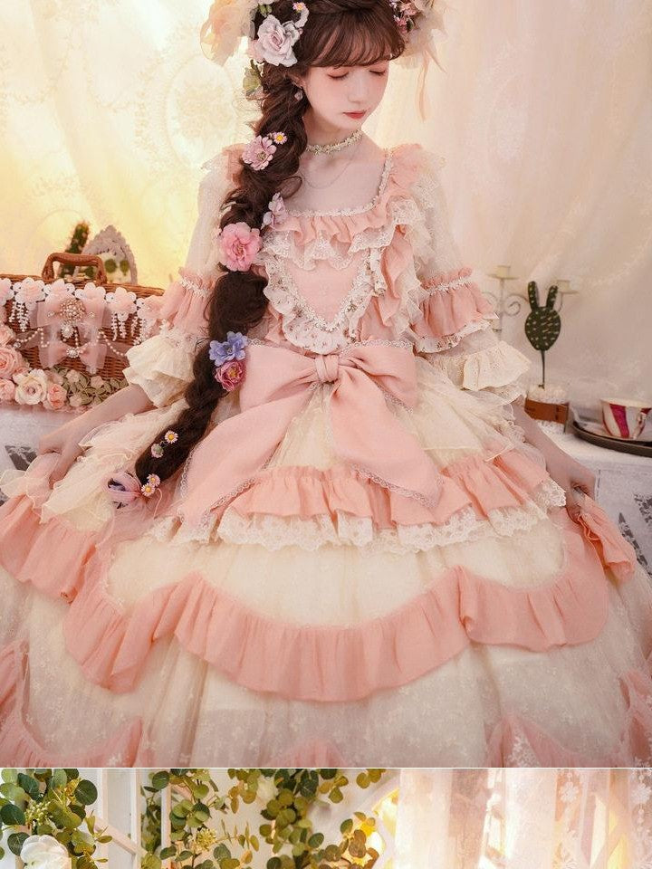 Cat little fairy Apricot Pink Floral Lolita Square Neck Puff Sleeve Women's Short Sleeve Op