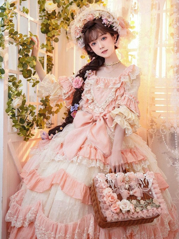 Cat little fairy Apricot Pink Floral Lolita Square Neck Puff Sleeve Women's Short Sleeve Op