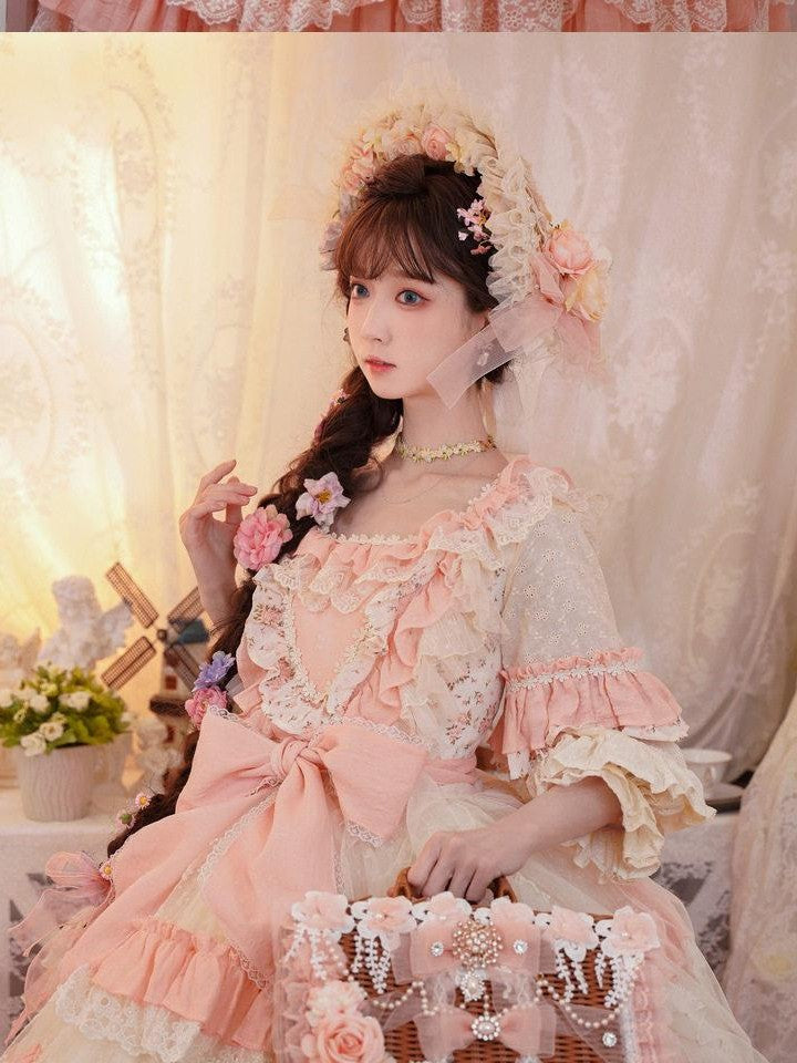 Cat little fairy Apricot Pink Floral Lolita Square Neck Puff Sleeve Women's Short Sleeve Op