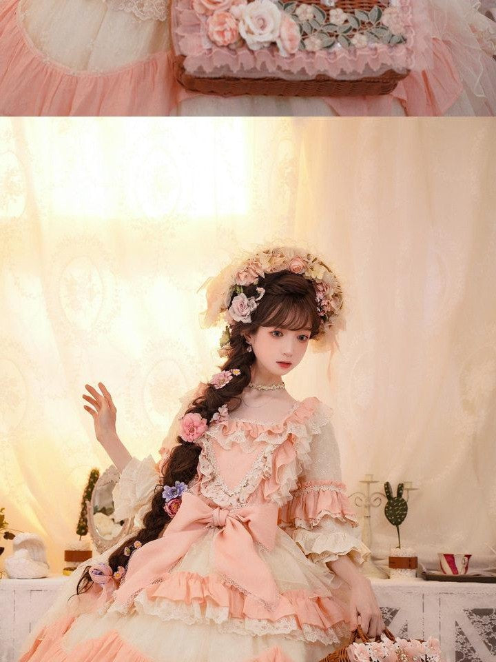 Cat little fairy Apricot Pink Floral Lolita Square Neck Puff Sleeve Women's Short Sleeve Op