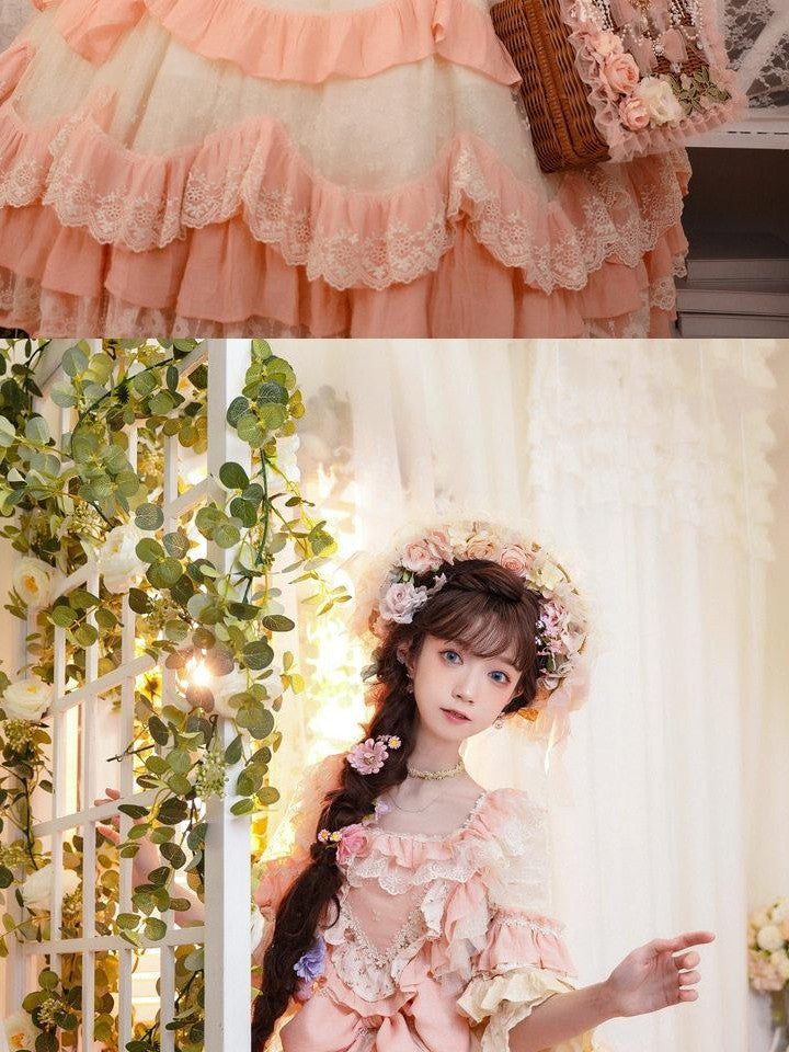 Cat little fairy Apricot Pink Floral Lolita Square Neck Puff Sleeve Women's Short Sleeve Op