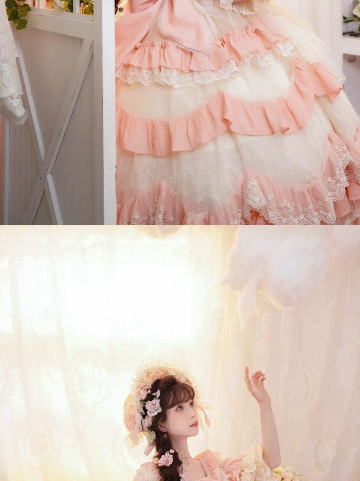 Cat little fairy Apricot Pink Floral Lolita Square Neck Puff Sleeve Women's Short Sleeve Op
