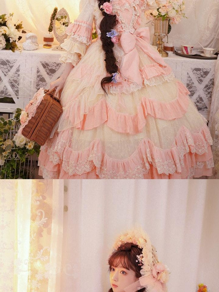 Cat little fairy Apricot Pink Floral Lolita Square Neck Puff Sleeve Women's Short Sleeve Op