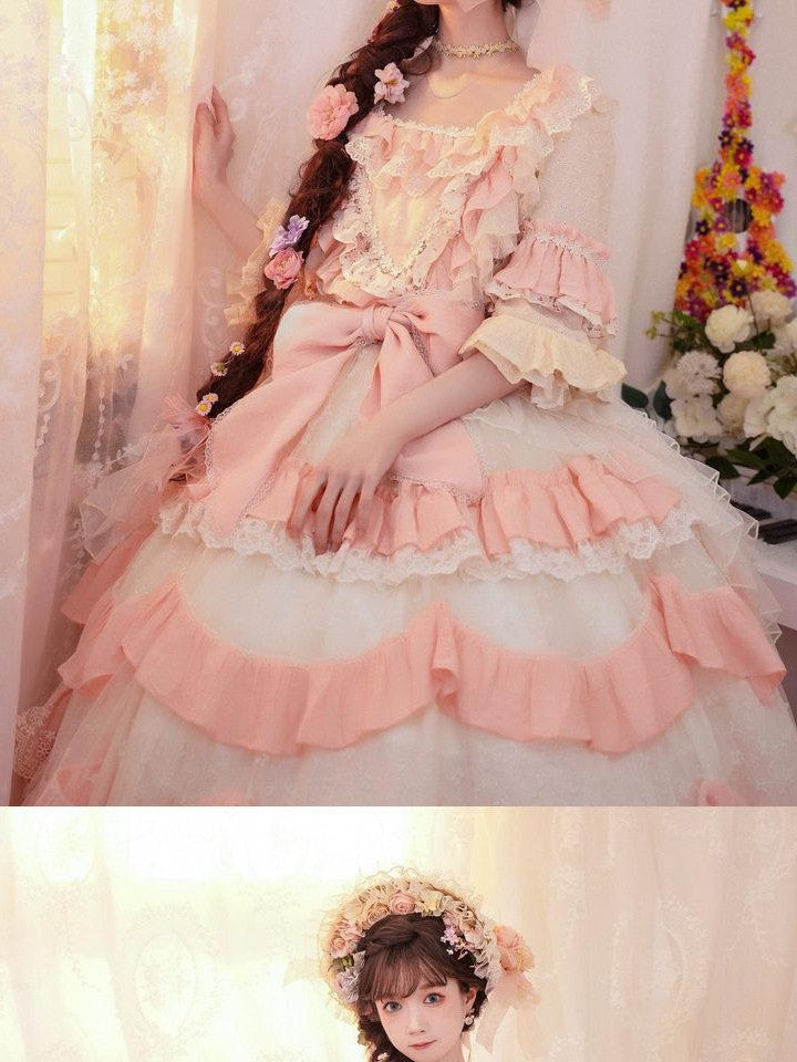 Cat little fairy Apricot Pink Floral Lolita Square Neck Puff Sleeve Women's Short Sleeve Op