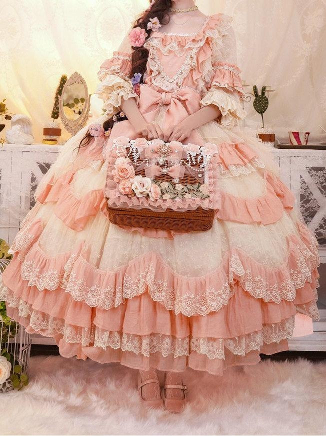 Cat little fairy Apricot Pink Floral Lolita Square Neck Puff Sleeve Women's Short Sleeve Op