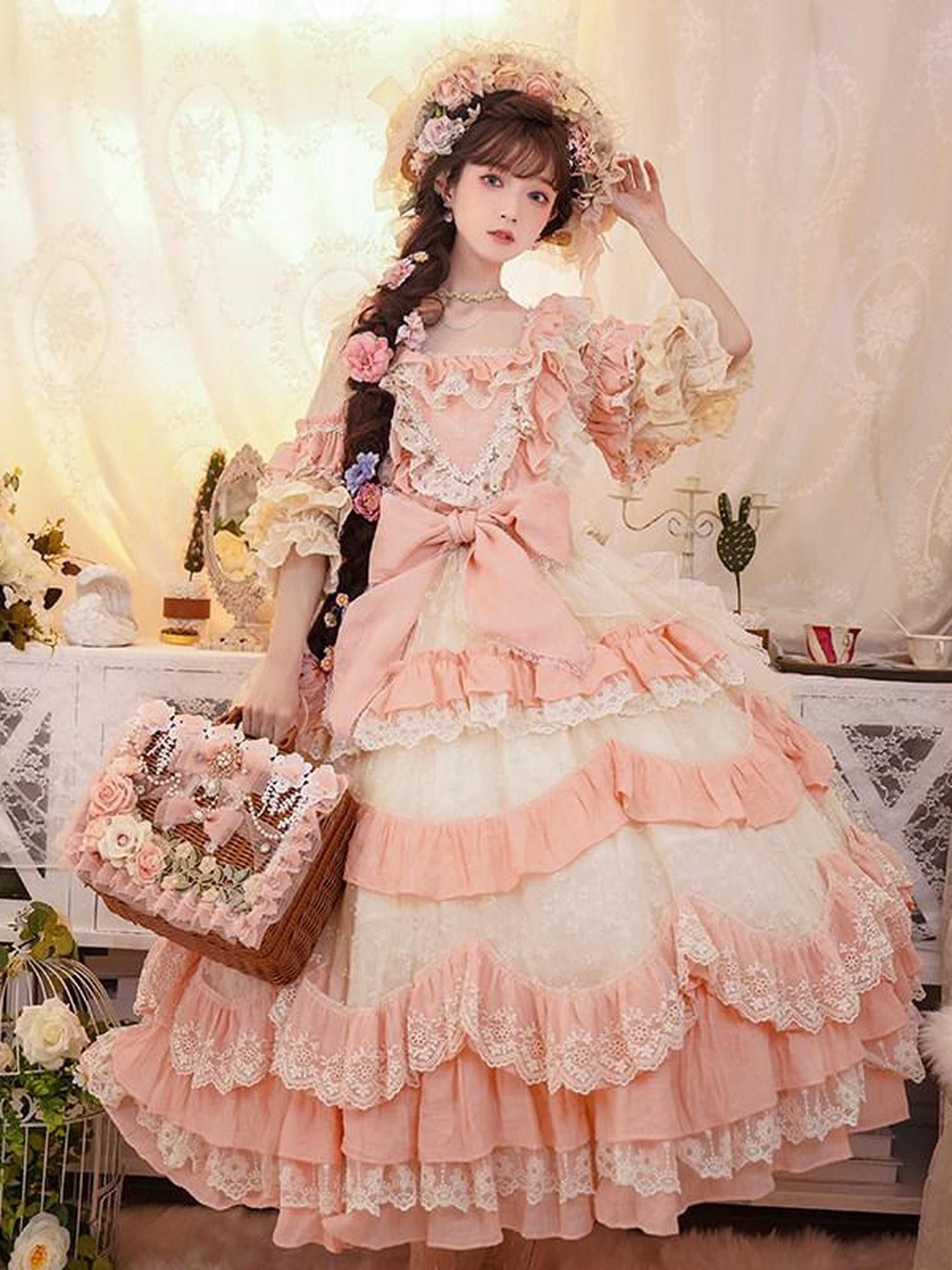 Cat little fairy Apricot Pink Floral Lolita Square Neck Puff Sleeve Women's Short Sleeve Op