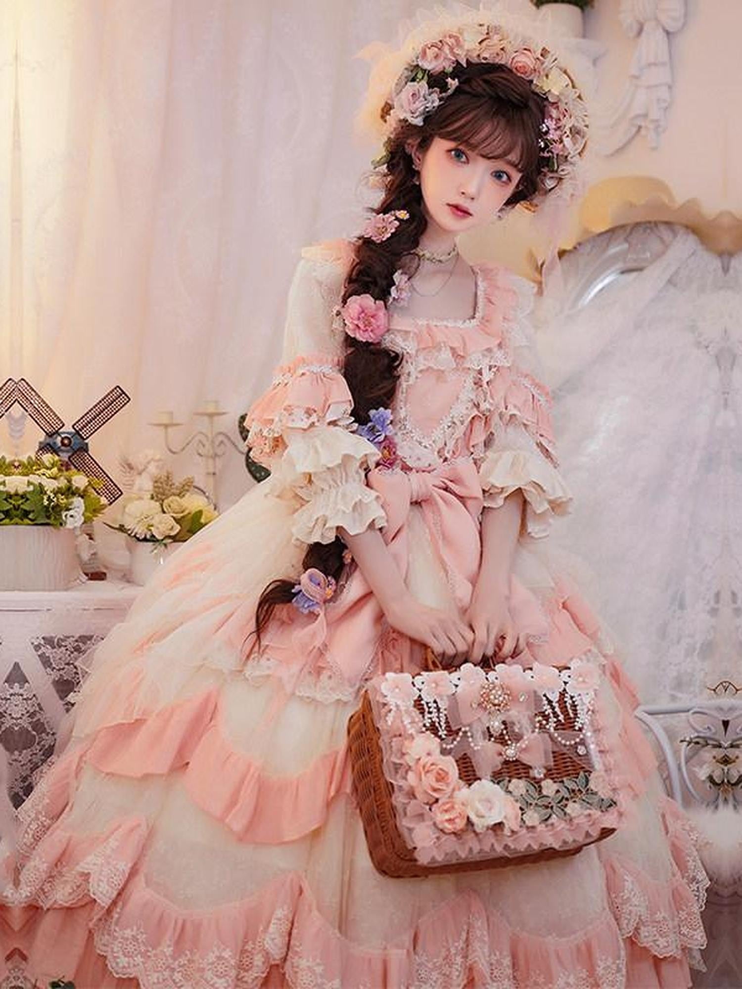 Cat little fairy Apricot Pink Floral Lolita Square Neck Puff Sleeve Women's Short Sleeve Op