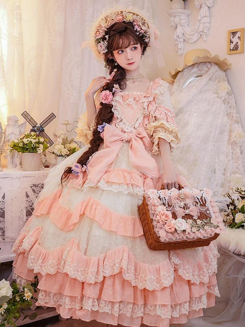 Cat little fairy Apricot Pink Floral Lolita Square Neck Puff Sleeve Women's Short Sleeve Op