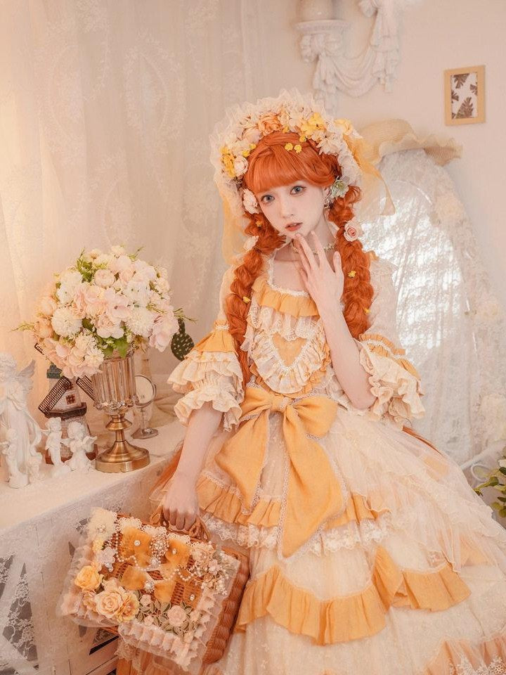 Cat little fairy Apricot Pink Floral Lolita Square Neck Puff Sleeve Women's Short Sleeve Op