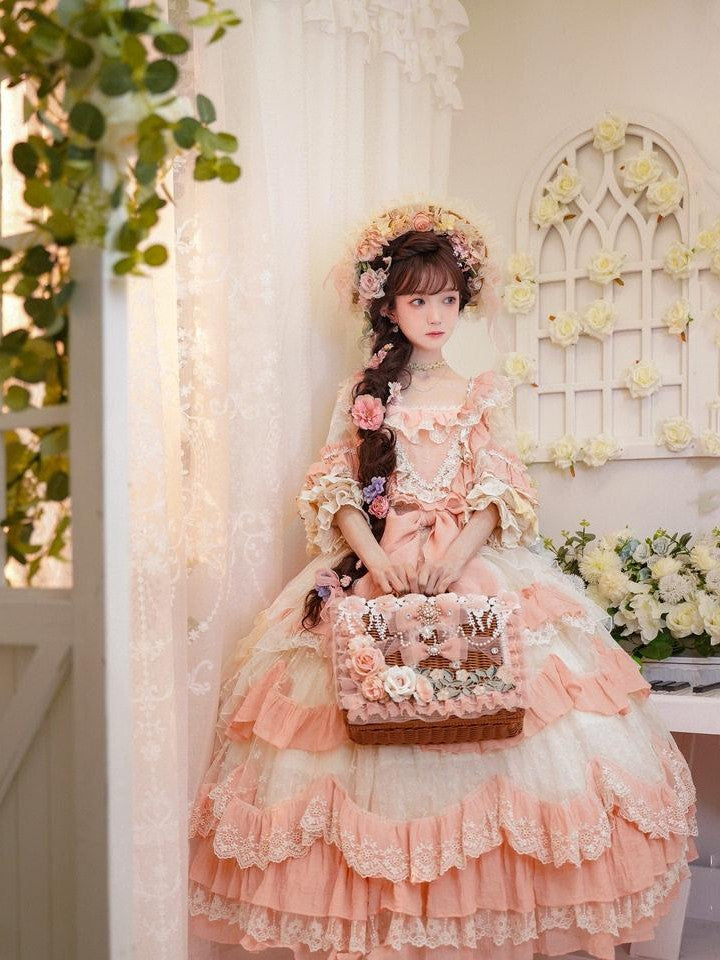 Cat little fairy Apricot Pink Floral Lolita Square Neck Puff Sleeve Women's Short Sleeve Op