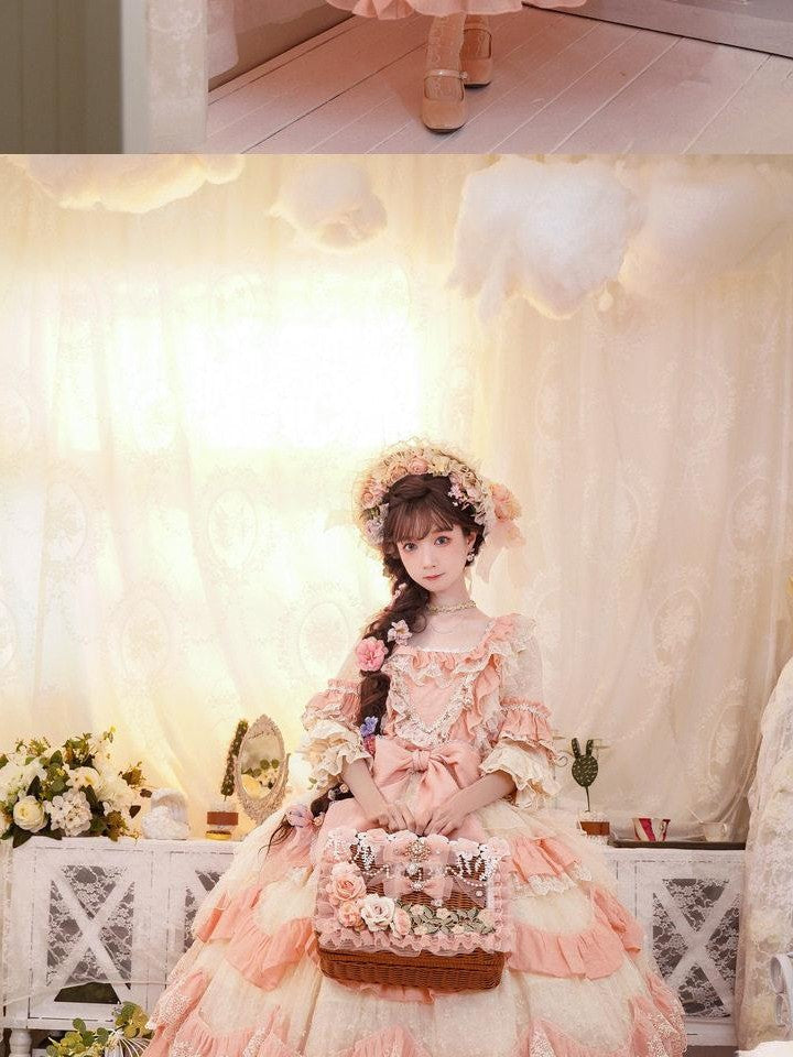 Cat little fairy Apricot Pink Floral Lolita Square Neck Puff Sleeve Women's Short Sleeve Op