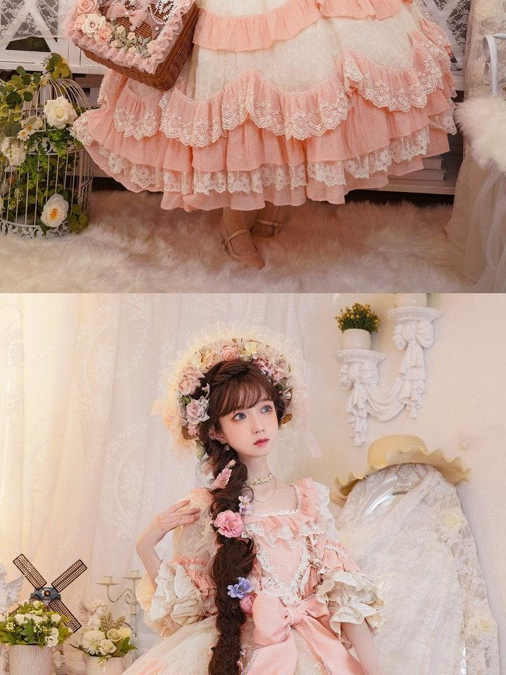 Cat little fairy Apricot Pink Floral Lolita Square Neck Puff Sleeve Women's Short Sleeve Op