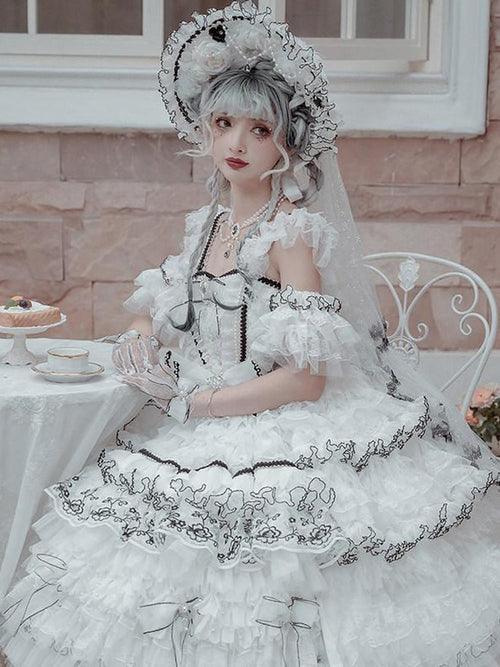 Cat little fairy Black White Contrast Floral Star Print Tea Party Women's Jsk / Jumper Skirts