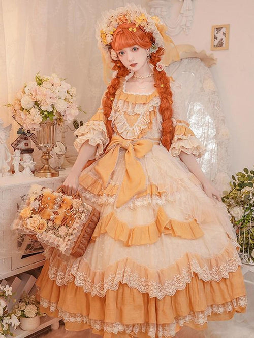 Cat little fairy Cottagecore Floral Ruffle Square Neck Puff Sleeve Women's Short Sleeve Op