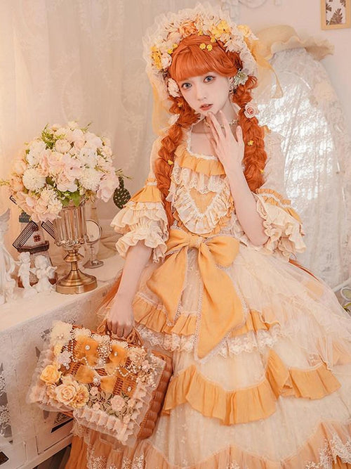 Cat little fairy Cottagecore Floral Ruffle Square Neck Puff Sleeve Women's Short Sleeve Op