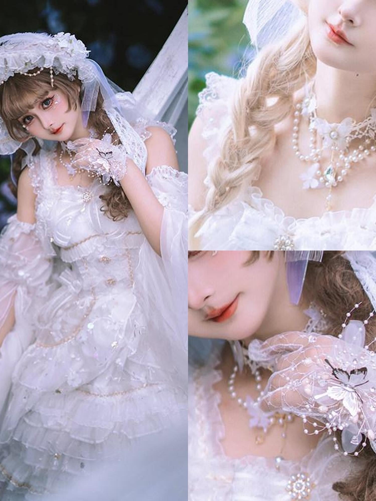 Cat little fairy Dreamy Handmade Flat Cap Long Veil Bridal Women's Necklace Gloves Accessories