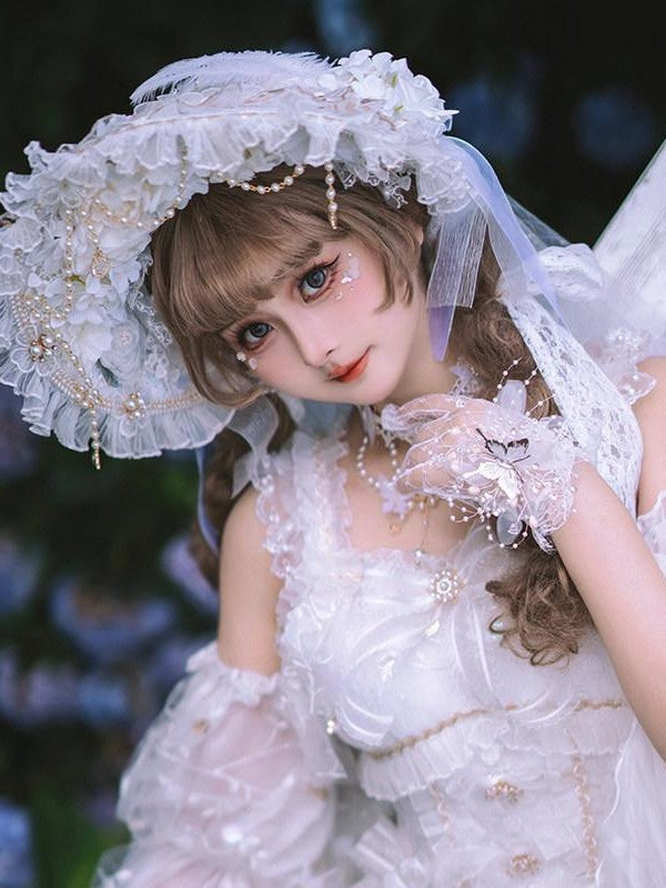 Cat little fairy Dreamy Handmade Flat Cap Long Veil Bridal Women's Necklace Gloves Accessories