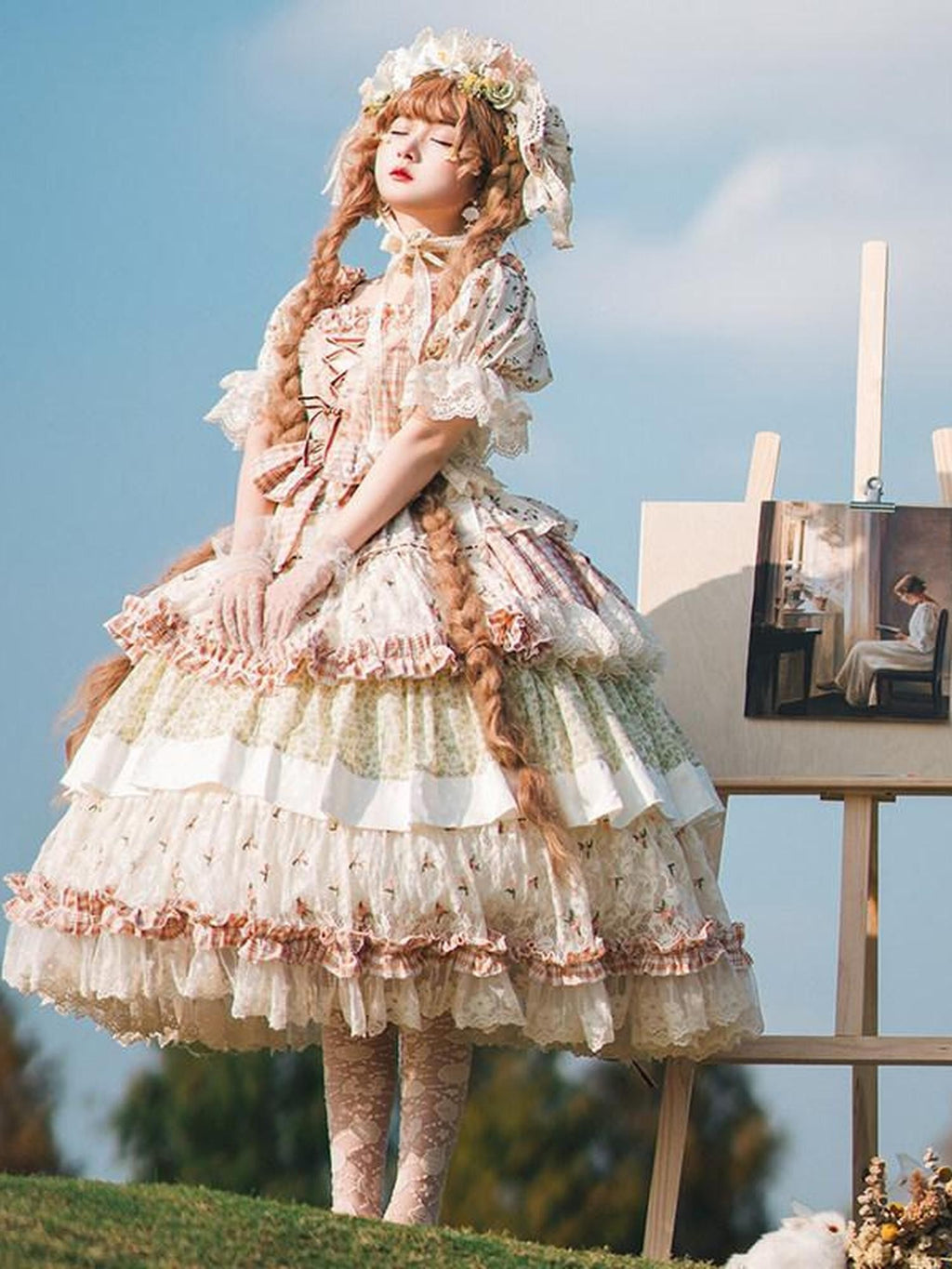 Cat little fairy Floral Lolita Pastoral Tea Party A Line Women's Cotton Short Sleeve Op