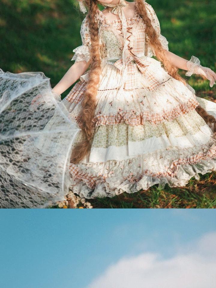 Cat little fairy Floral Lolita Pastoral Tea Party A Line Women's Cotton Short Sleeve Op