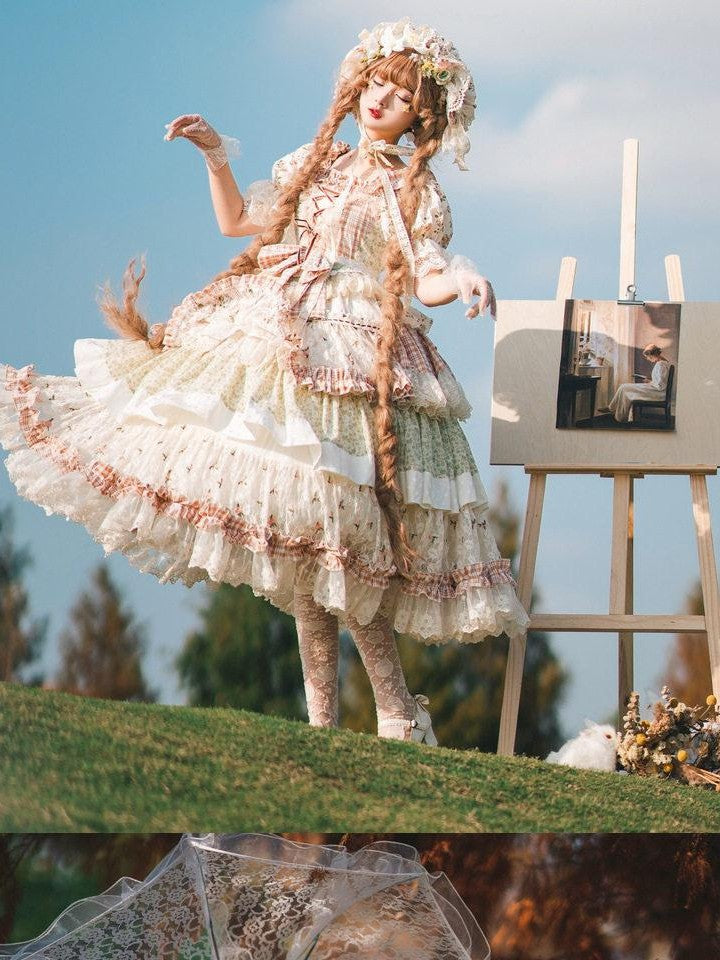 Cat little fairy Floral Lolita Pastoral Tea Party A Line Women's Cotton Short Sleeve Op