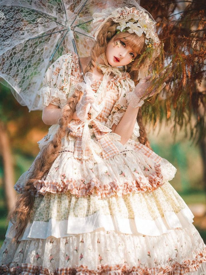 Cat little fairy Floral Lolita Pastoral Tea Party A Line Women's Cotton Short Sleeve Op