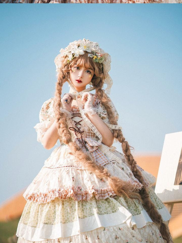 Cat little fairy Floral Lolita Pastoral Tea Party A Line Women's Cotton Short Sleeve Op