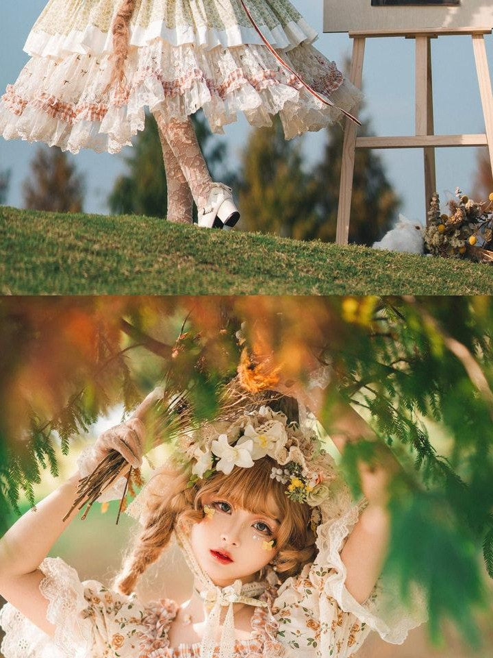 Cat little fairy Floral Lolita Pastoral Tea Party A Line Women's Cotton Short Sleeve Op