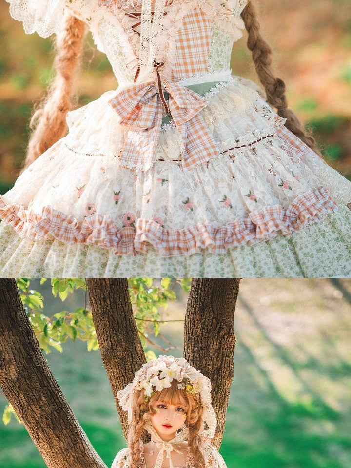 Cat little fairy Floral Lolita Pastoral Tea Party A Line Women's Cotton Short Sleeve Op