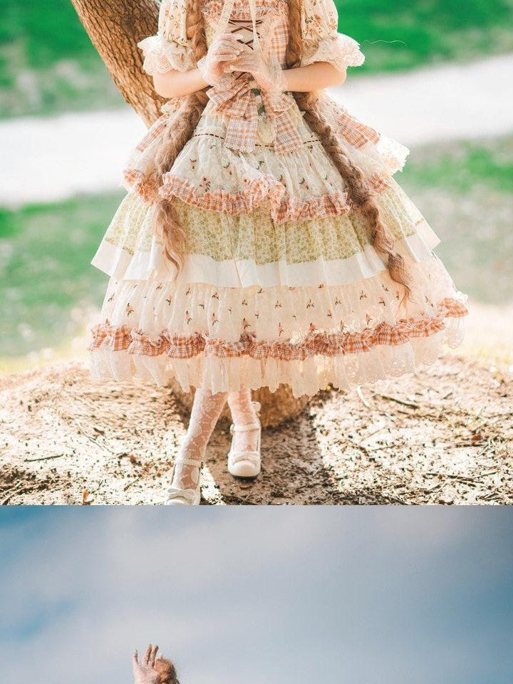 Cat little fairy Floral Lolita Pastoral Tea Party A Line Women's Cotton Short Sleeve Op
