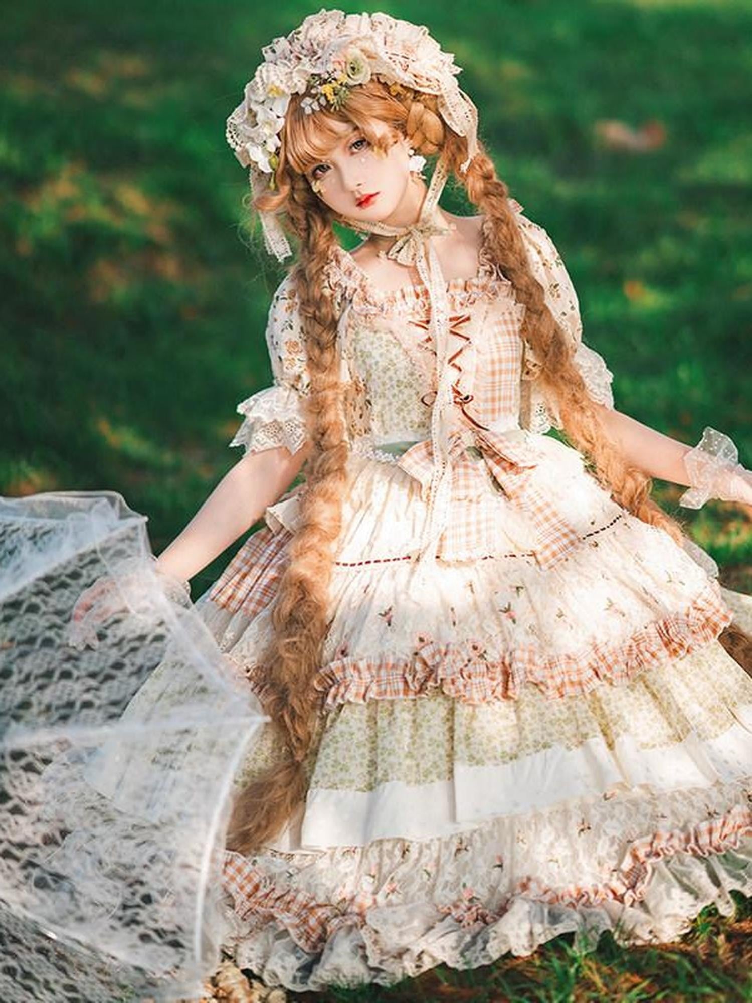 Cat little fairy Floral Lolita Pastoral Tea Party A Line Women's Cotton Short Sleeve Op