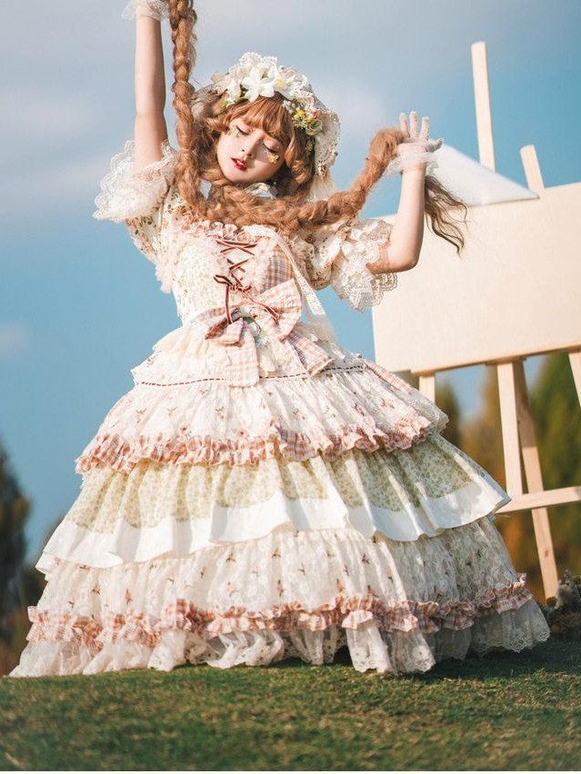 Cat little fairy Floral Lolita Pastoral Tea Party A Line Women's Cotton Short Sleeve Op