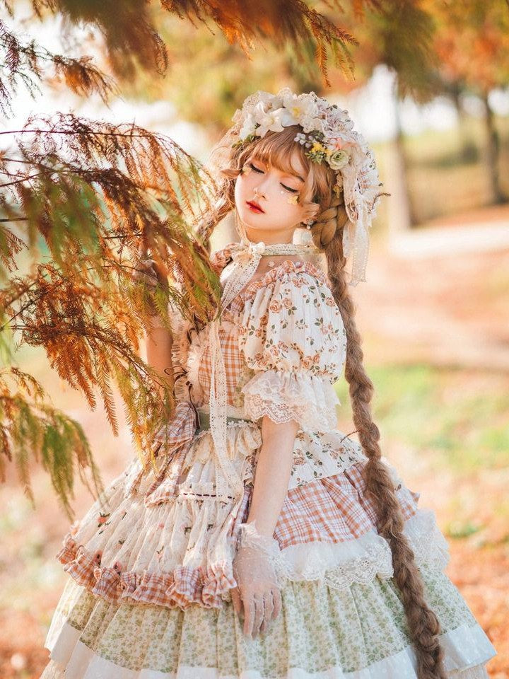 Cat little fairy Floral Lolita Pastoral Tea Party A Line Women's Cotton Short Sleeve Op