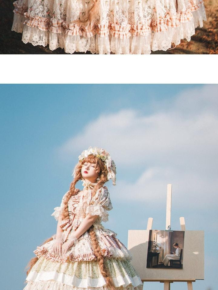 Cat little fairy Floral Lolita Pastoral Tea Party A Line Women's Cotton Short Sleeve Op