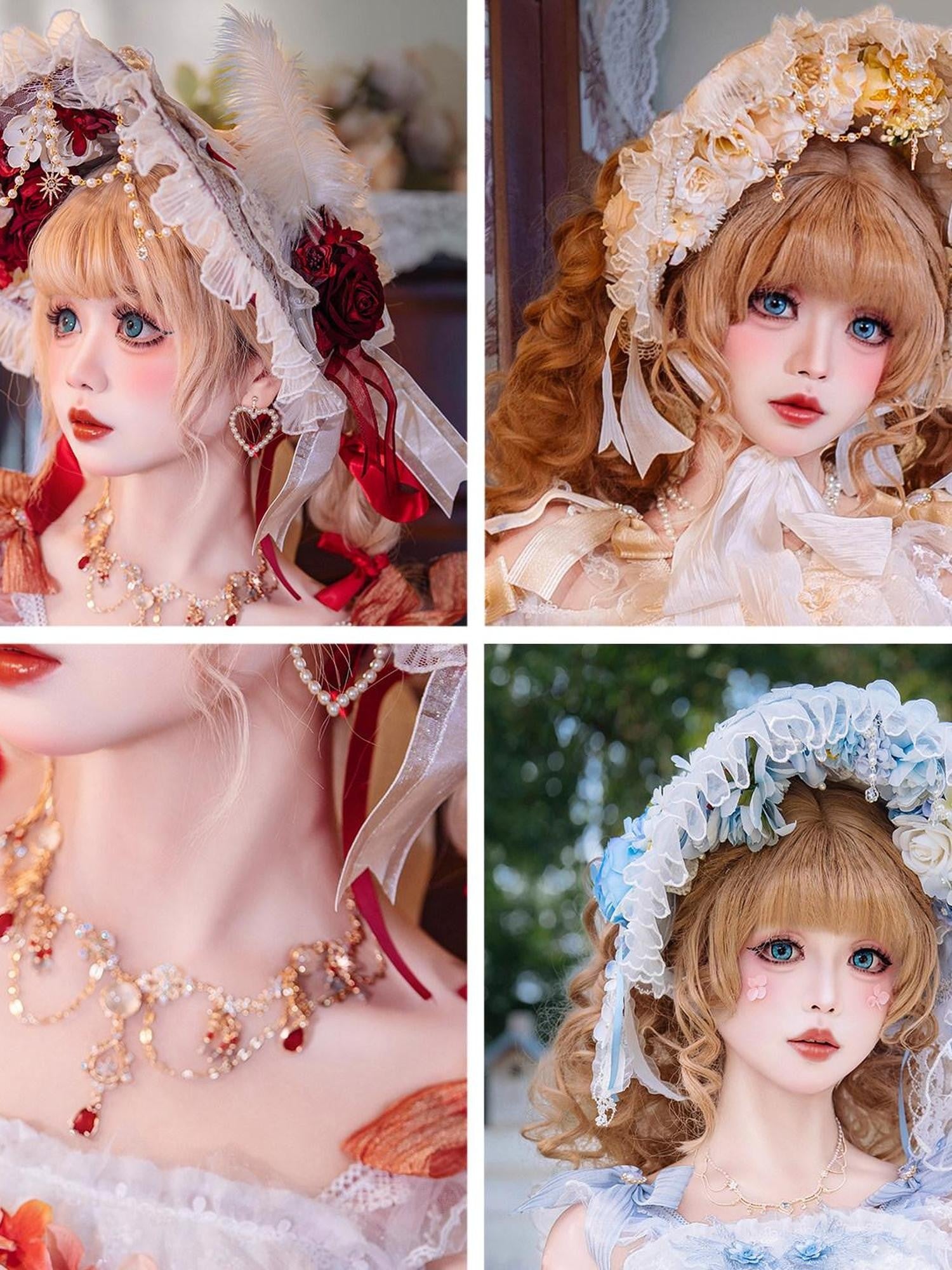 Cat little fairy Glass Illusion Bridal Floral Handmade Lolita Women's Flat Hat Accessories