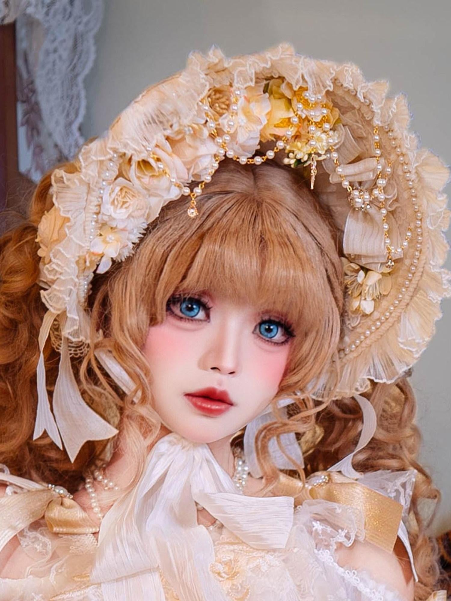 Cat little fairy Glass Illusion Bridal Floral Handmade Lolita Women's Flat Hat Accessories