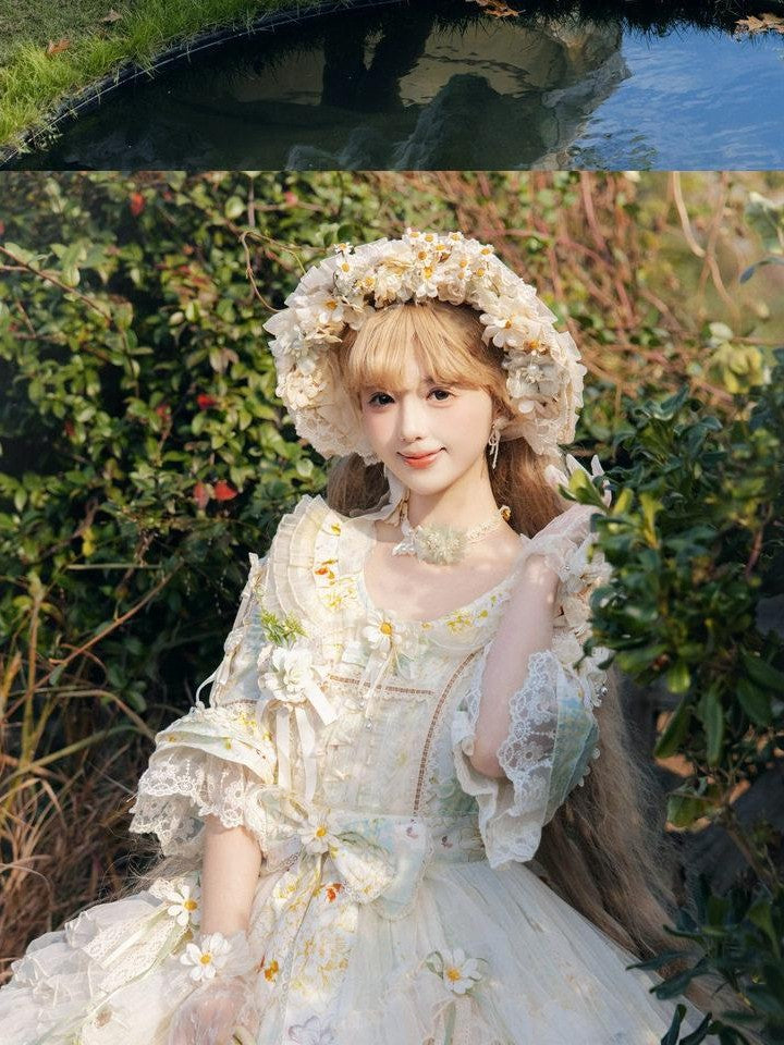 Cat little fairy Grass Green Daisy Collared Puff Lolita Princess Women's Short Sleeve Op