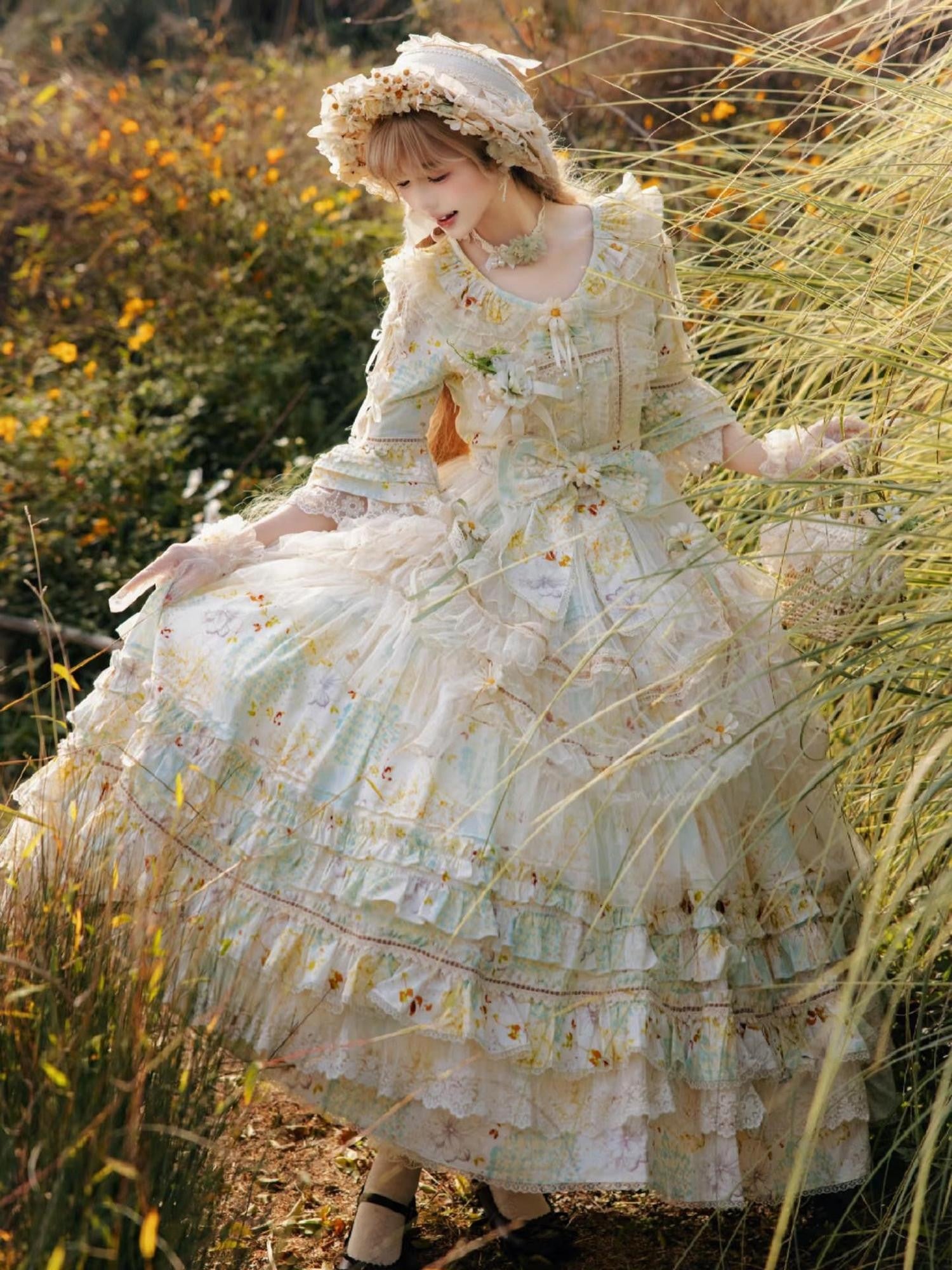 Cat little fairy Grass Green Daisy Collared Puff Lolita Princess Women's Short Sleeve Op
