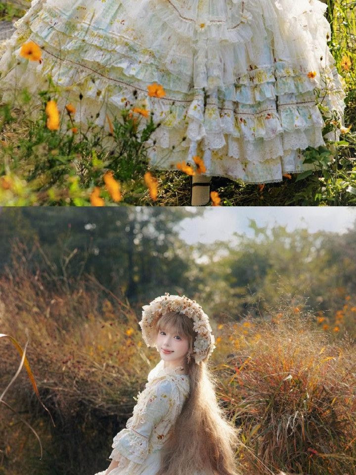 Cat little fairy Grass Green Daisy Collared Puff Lolita Princess Women's Short Sleeve Op