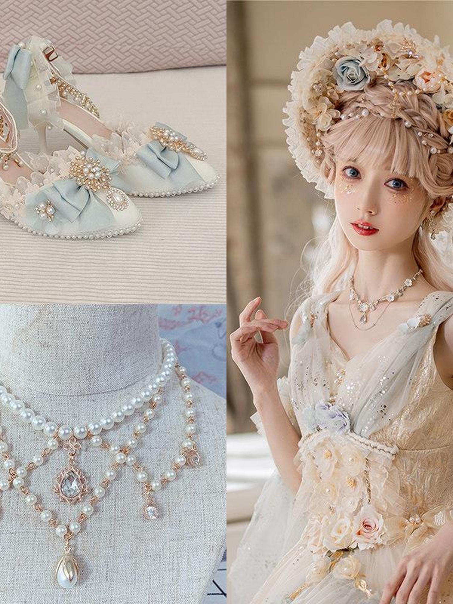 Cat little fairy Handcrafted Lolita Floral Lace Bonnet Veil Women's Pearl Necklace Accessories