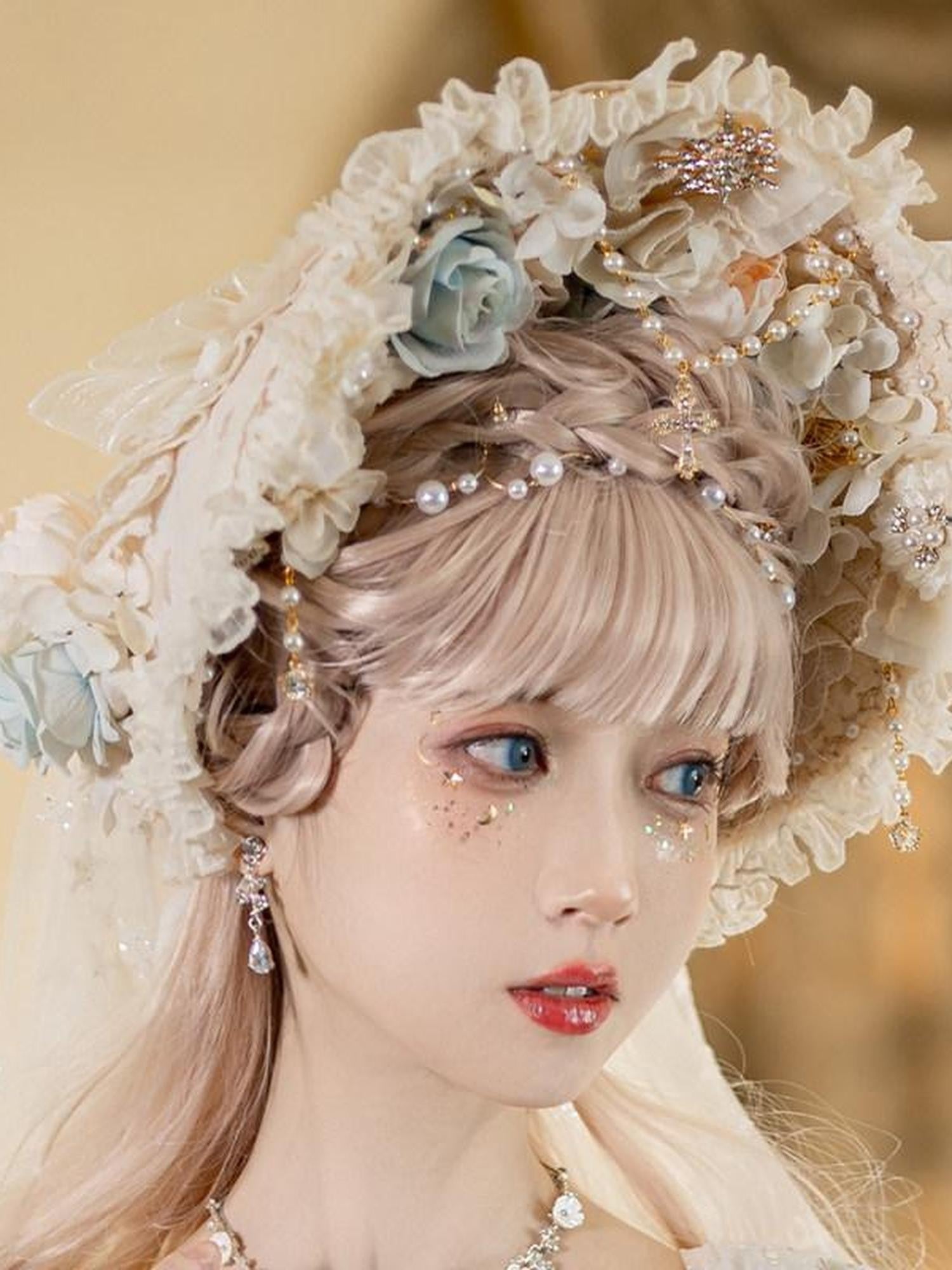 Cat little fairy Handcrafted Lolita Floral Lace Bonnet Veil Women's Pearl Necklace Accessories