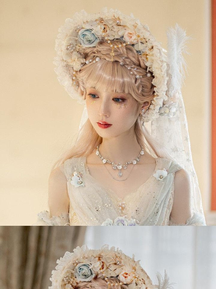 Cat little fairy Handcrafted Lolita Floral Lace Bonnet Veil Women's Pearl Necklace Accessories