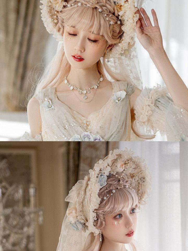 Cat little fairy Handcrafted Lolita Floral Lace Bonnet Veil Women's Pearl Necklace Accessories