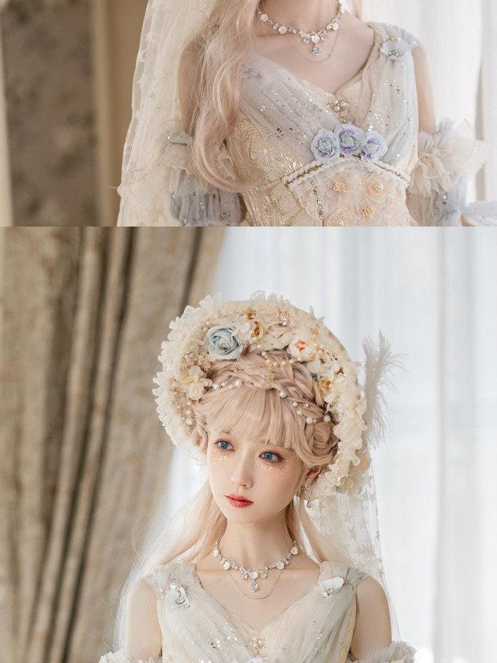 Cat little fairy Handcrafted Lolita Floral Lace Bonnet Veil Women's Pearl Necklace Accessories