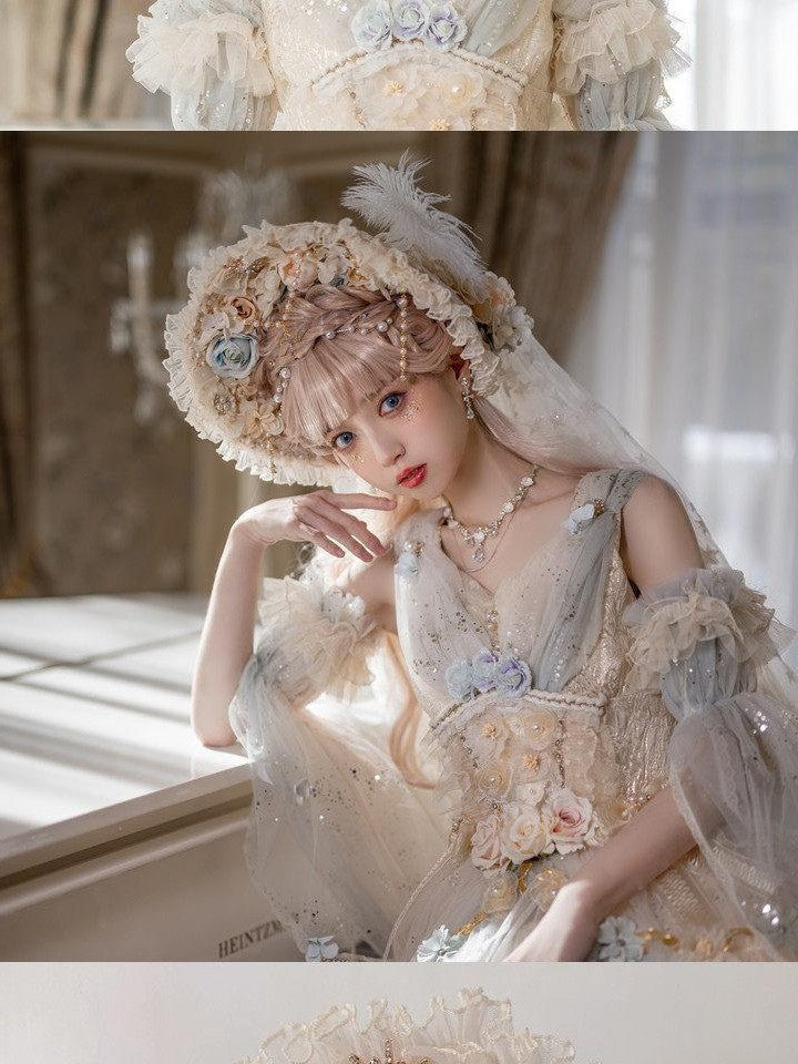 Cat little fairy Handcrafted Lolita Floral Lace Bonnet Veil Women's Pearl Necklace Accessories