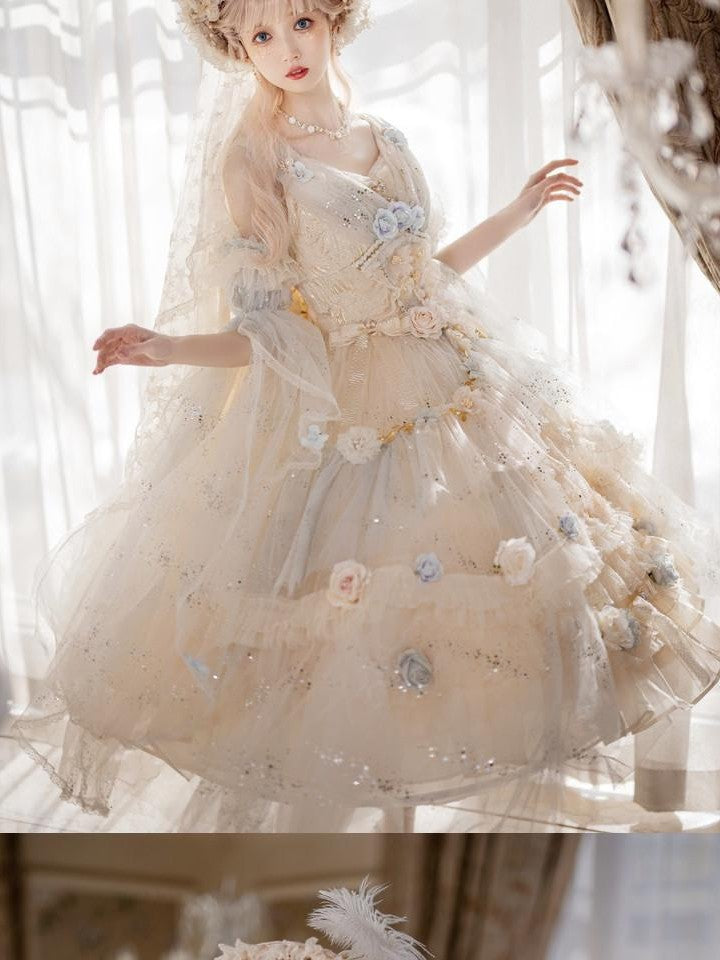 Cat little fairy Lake Blue Petal Sleeves Sweetheart Mesh Women's Jsk / Jumper Skirts