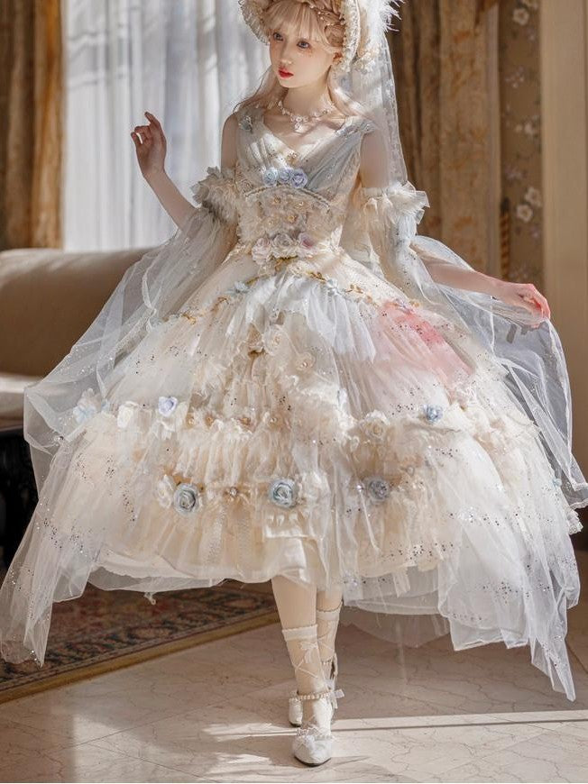 Cat little fairy Lake Blue Petal Sleeves Sweetheart Mesh Women's Jsk / Jumper Skirts