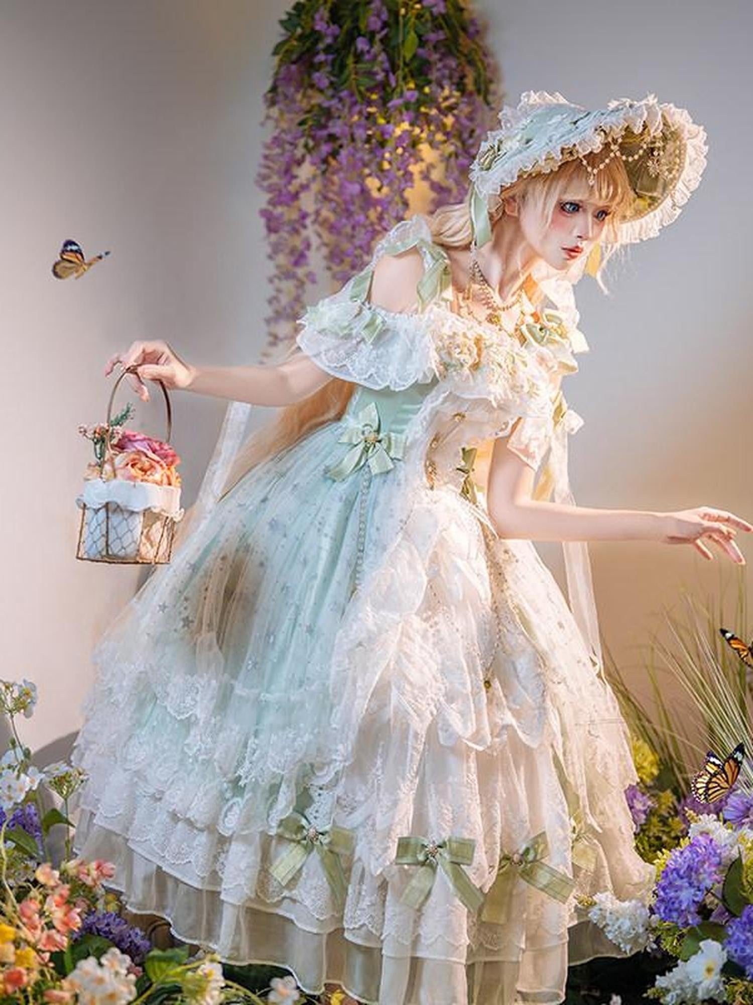 Cat little fairy Light Green Ornate Bridal Floral Lolita Women's Chiffon Jsk / Jumper Skirts
