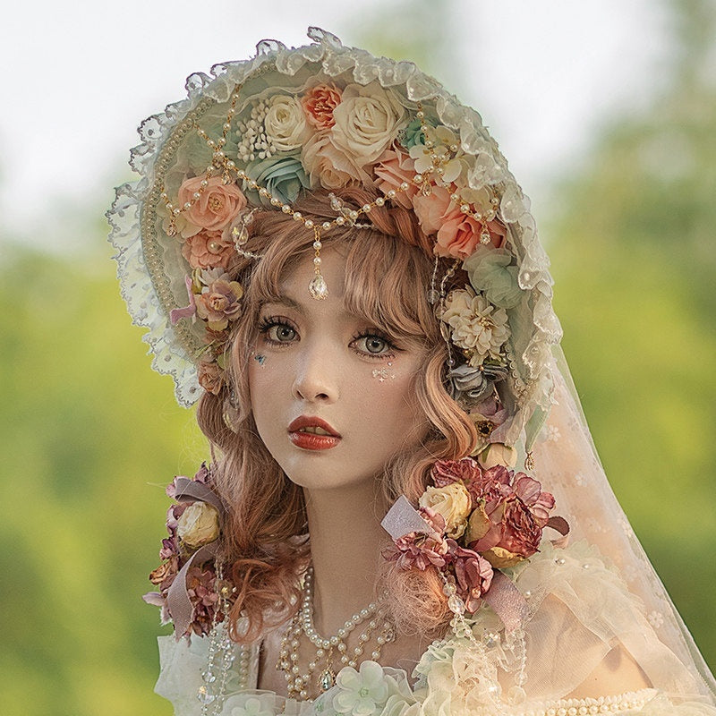 Cat_little_fairy_Light_Green_Veiled_Handmade_Lolita_Bonnet_Women's_Pearl_Necklace_Accessories_658075163799_MISSTT