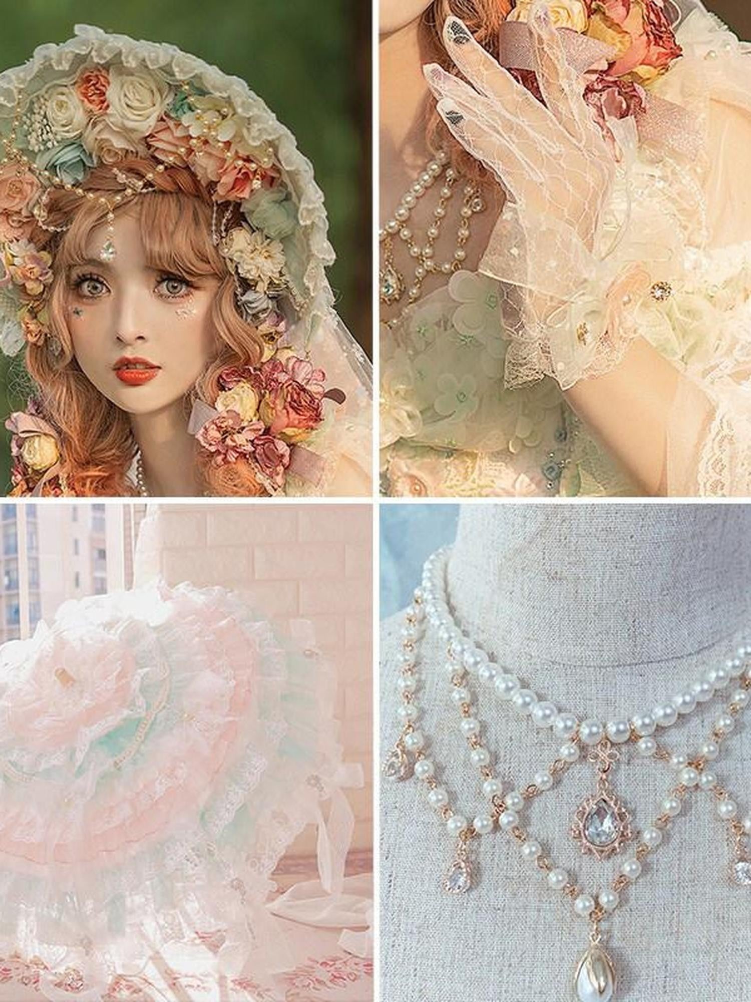 Cat little fairy Light Green Veiled Handmade Lolita Bonnet Women's Pearl Necklace Accessories